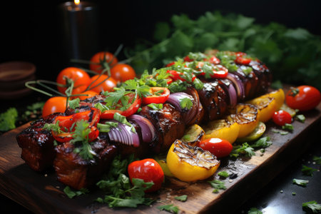 Shish kebab or shish kebab, grilled barbecue with vegetables. Fried pieces of pork meat on metal skewers. Generative AIの素材