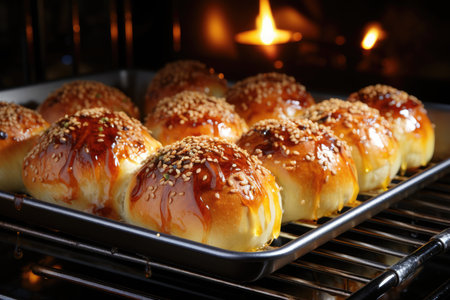 Cinnamon rolls are baked in the oven. Homemade baking. close-up, Generative AIの素材