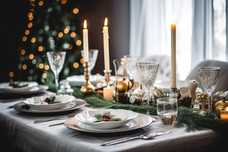 Christmas dining table, Christmas decor with a Christmas tree in the background, Generative AIの素材