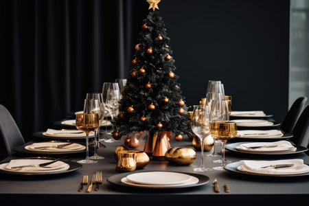 Christmas dining table, Christmas decor with a Christmas tree in the background, Generative AIの素材