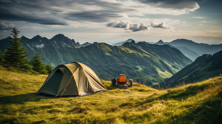 Beautiful summer landscape with mountains, with a tourist tent in the foreground on a sunny day. Generative AIの素材