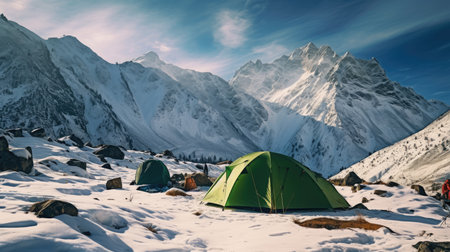 Beautiful landscape with winter snow-capped mountains, with a tourist tent in the foreground on a sunny day. Generative AIの素材