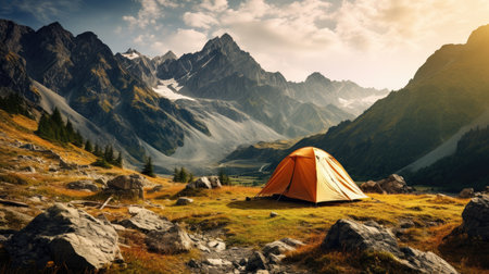 Beautiful summer landscape with mountains, with a tourist tent in the foreground on a sunny day. Generative AIの素材