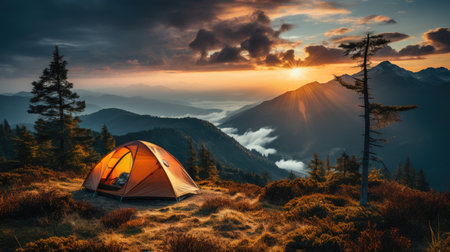 Beautiful summer landscape with mountains, with a tourist tent in the foreground on a sunny day. Generative AIの素材
