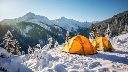 Beautiful landscape with winter snow-capped mountains, with a tourist tent in the foreground on a sunny day. Generative AIの素材
