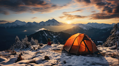 Beautiful landscape with winter snow-capped mountains, with a tourist tent in the foreground on a sunny day. Generative AIの素材