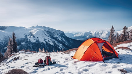 Beautiful landscape with winter snow-capped mountains, with a tourist tent in the foreground on a sunny day. Generative AIの素材
