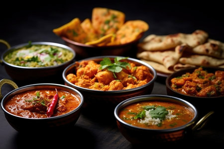 Bowls of Indian food on dark background Generative AIの素材