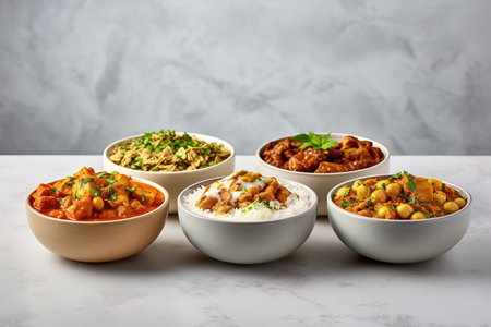 Bowls of Indian food on light background Generative AIの素材