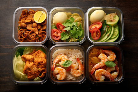 Ready to eat modern Thai food in take away plastic boxes. Generative AIの素材