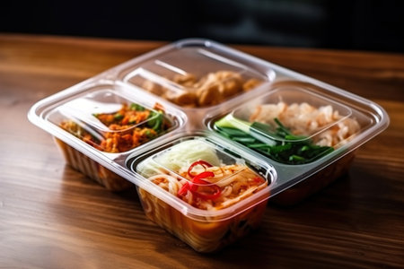 Ready to eat modern Thai food in take away plastic boxes. Generative AIの素材