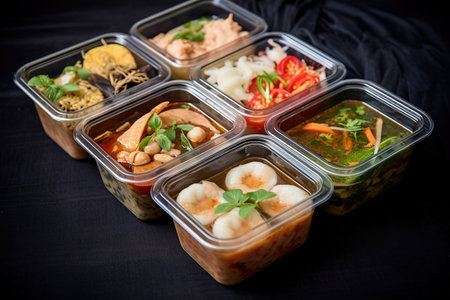 Ready to eat modern Thai food in take away plastic boxes. Generative AIの素材