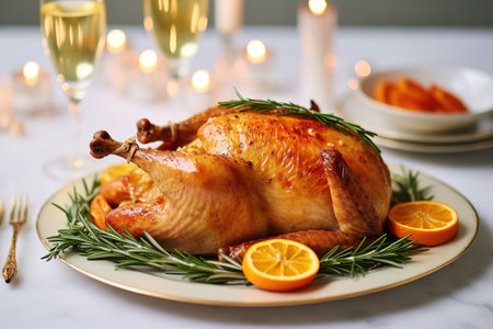 Christmas turkey dinner. Baked turkey garnished with red berries and sage leaves in front of Christmas tree and burning candlesの素材