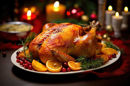 Christmas turkey dinner. Baked turkey garnished with red berries and sage leaves in front of Christmas tree and burning candlesの素材