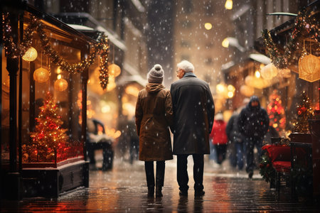 Two elderly people, a woman and a man, enjoy Christmas decorations Generative AIの素材