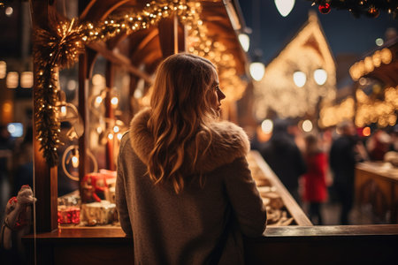 Girl walking in Christmas market decorated with holiday lights in the evening. Generative AIの素材