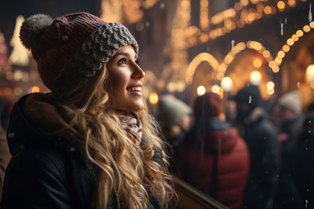 Girl walking in Christmas market decorated with holiday lights in the evening. Generative AIの素材