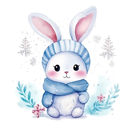 watercolor illustration of a cute little bunny winter theme, snowflakes around, white background Generative AIの素材
