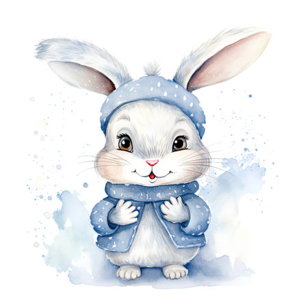 watercolor illustration of a cute little bunny winter theme, snowflakes around, white background Generative AIの素材