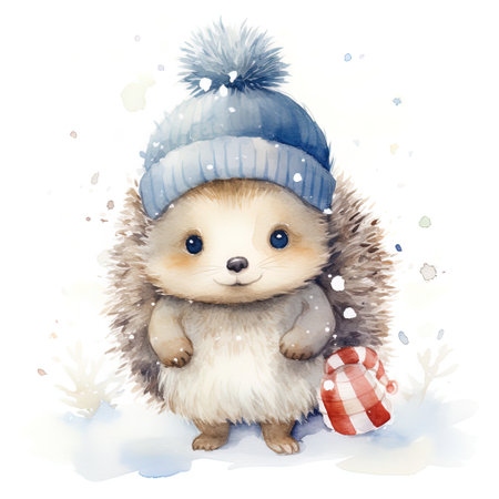 watercolor illustration of a cute little hedgehog winter theme, snowflakes around, white background Generative AIの素材