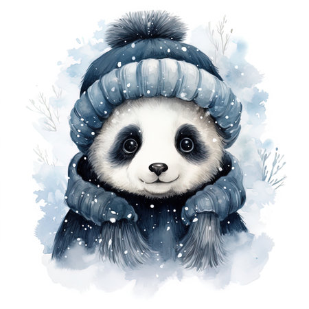 watercolor illustration of a cute little panda winter theme, snowflakes around, white background Generative AIの素材