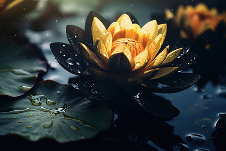 a macro on black lotus flowers on a small water pound under the rain. Generative AIの素材