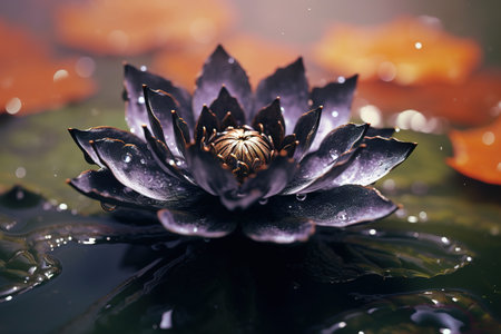 a macro on black lotus flowers on a small water pound under the rain. Generative AIの素材
