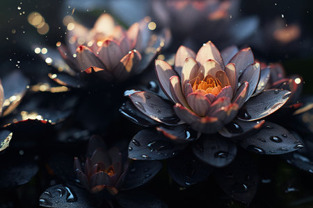 a macro on black lotus flowers on a small water pound under the rain. Generative AIの素材