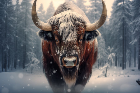 Adult European bison(Bison bonasus) bull in forest looking at camera, Generative AIの素材