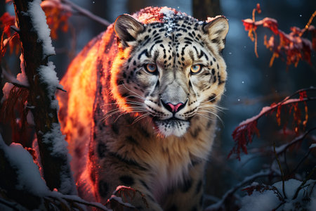 Snow leopard in the snow covered mountains Generative AIの素材