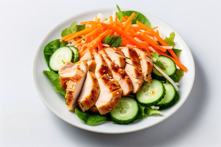 Healthy green salad with chicken breast and fresh vegetables on light background Generative AIの素材