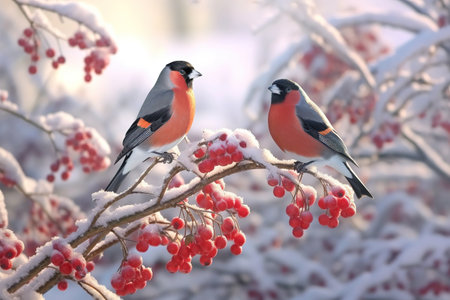 The bullfinch bird sits on a bunch of red rowan berries, Generative AIの素材
