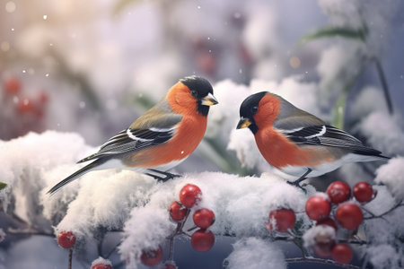 The bullfinch bird sits on a bunch of red rowan berries, Generative AIの素材