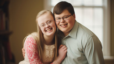 Happy children, a disabled boy and a girl with Down syndrome smile at the camera, The concept of children with disabilities and special needsの素材