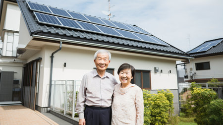 Happy elderly couple in front of a house with solar panels, green energy conceptの素材