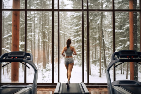 A beautiful muscular Woman, running on a treadmill, beautiful mountains outside the window, a winter forest. The concept of health, sports.の素材