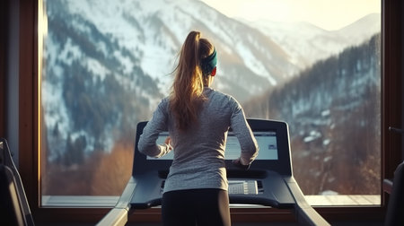 A beautiful muscular Woman, running on a treadmill, beautiful mountains outside the window, a winter forest. The concept of health, sports.の素材