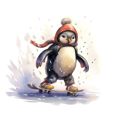 A little penguin rides a skateboard in winter. illustration for children's books.の素材