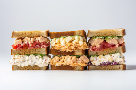 Fresh Sandwiches with ham, cheese, bacon, tomatoes, lettuce, cucumber and onions on light backgroundの素材