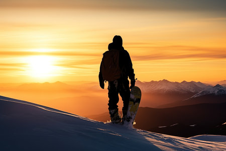 Snowboarders silhouette stand over the clouds, Beautiful snowy mountain background, Mountain landscape. Generative AIの素材
