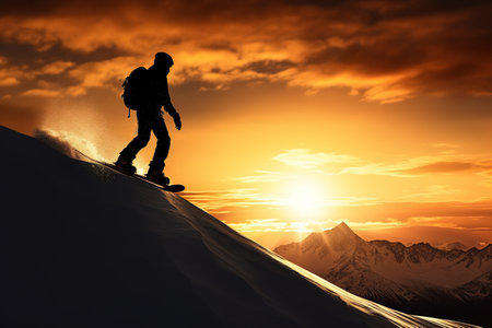 Snowboarders silhouette stand over the clouds, Beautiful snowy mountain background, Mountain landscape. Generative AIの素材