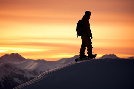 Snowboarders silhouette stand over the clouds, Beautiful snowy mountain background, Mountain landscape. Generative AIの素材