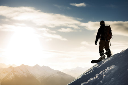 Snowboarders silhouette stand over the clouds, Beautiful snowy mountain background, Mountain landscape. Generative AIの素材