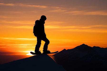 Snowboarders silhouette stand over the clouds, Beautiful snowy mountain background, Mountain landscape. Generative AIの素材