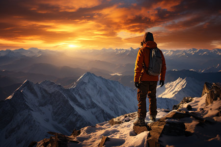 A tourist walks through the snow-capped mountains against the backdrop of an incredible sunset. Hobby recreation, Beautiful snow-capped mountains. Landscape.の素材