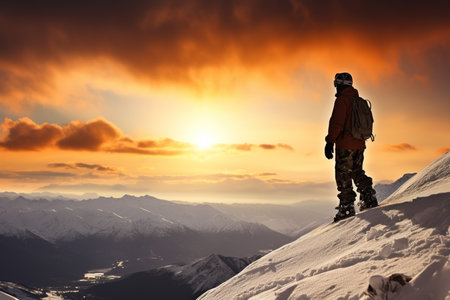 A tourist walks through the snow-capped mountains against the backdrop of an incredible sunset. Hobby recreation, Beautiful snow-capped mountains. Landscape.の素材