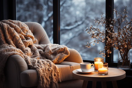Cozy Winter still life: armchair with a cape cup of hot Coffee and opened Book on vintage windowsill against snow landscape from outside. Generative AIの素材