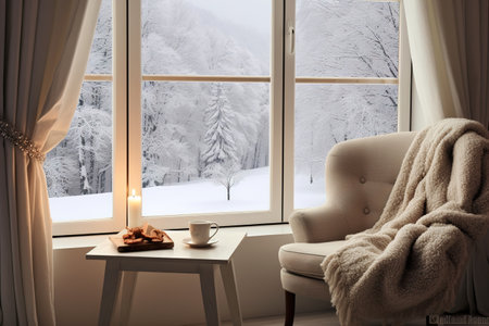 Cozy Winter still life: armchair with a cape cup of hot Coffee and opened Book on vintage windowsill against snow landscape from outside. Generative AIの素材