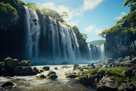 A beautiful Waterfall on a sunny day, A beautiful image for a Banner, Pictures, Screen saver, Generative AIの素材