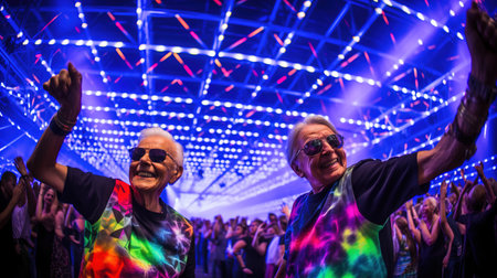 an amazing grandma and grandpa, older couple dating and partying in a disco setting. An elderly couple is having fun despite their age. Lifestyle.の素材